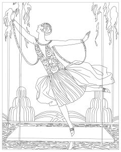 Coloriage d'Art Déco à imprimer pour adultes : Danseuse aux jets d'eau - George Barbier