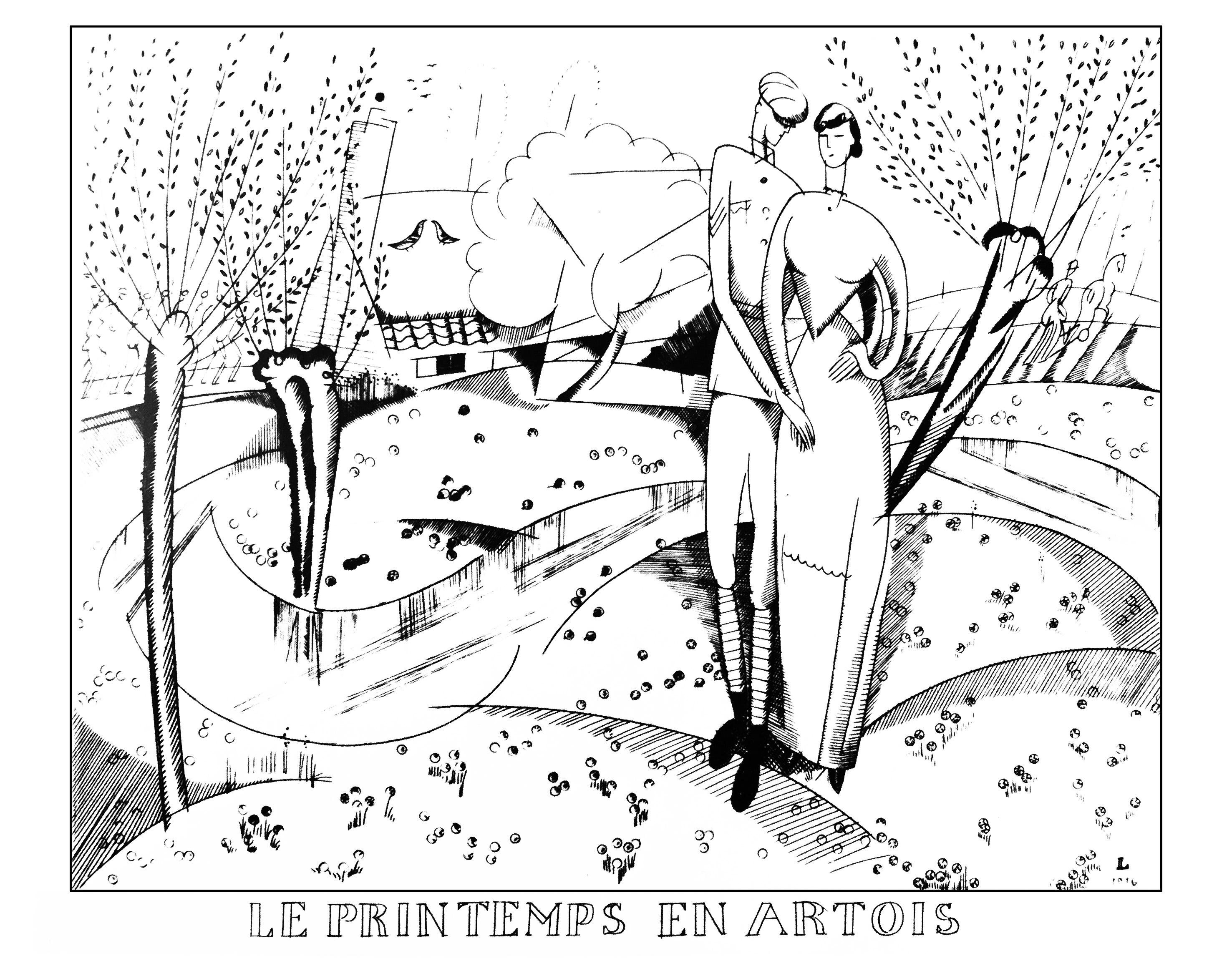 Coloriage créé à partir d'un dessin style Art Déco de Jean-Emile Laboureur : Le printemps en Artois (1916). Une création très originale, avec un style très particulier, se prêtant parfaitement au coloriage.