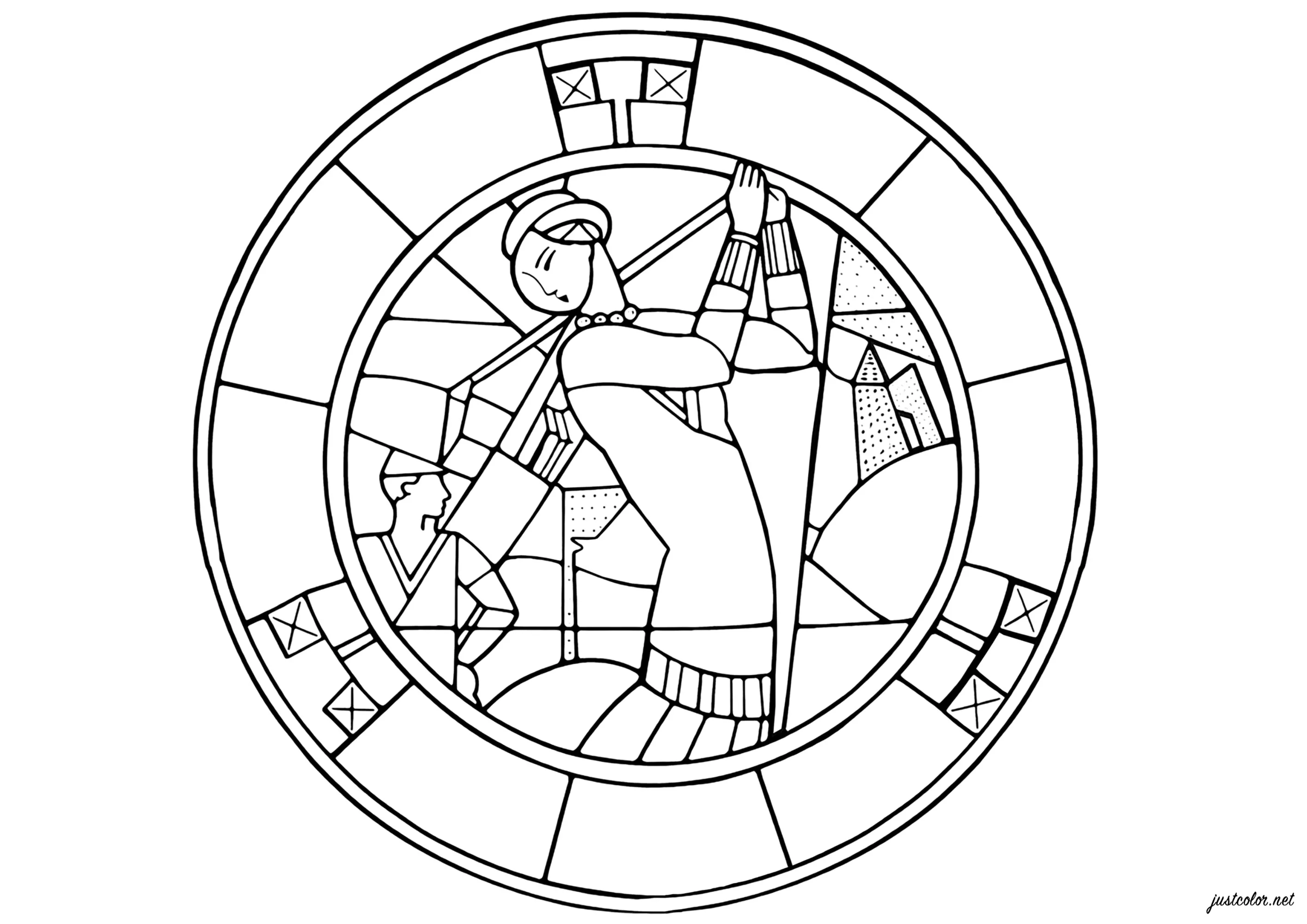 Vitrail La Musicienne (1925) de Jacques Gruber (Coloriage d'Art Déco à imprimer pour adultes)