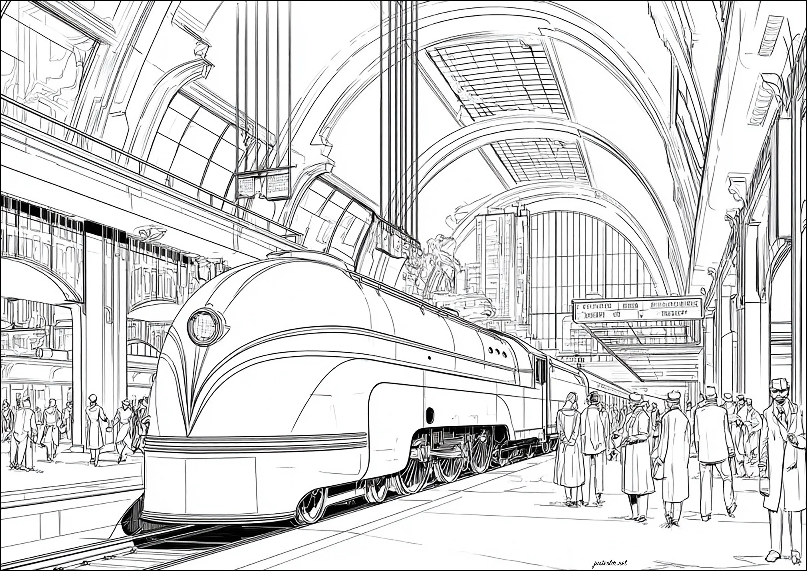 Gare et train Art Déco (Coloriage à imprimer pour adultes)
