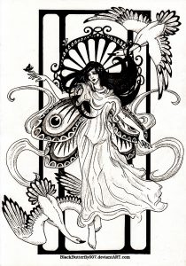 Coloriage d'Art Nouveau à imprimer pour adultes : Femme et oies
