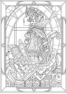 Coloriage adulte reine profil style art nouveau