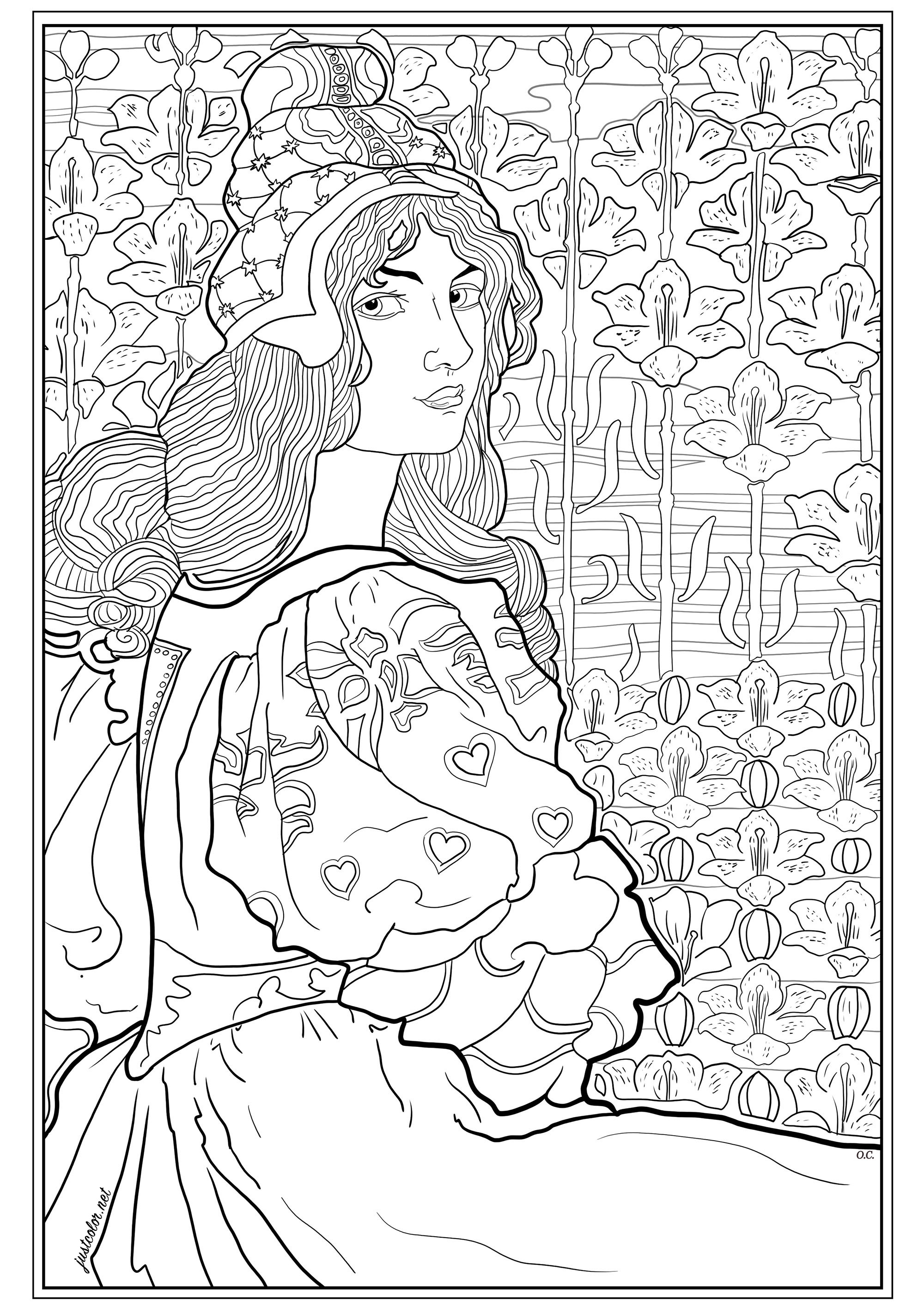 Coloriage créé à partir d'une lithographie originale de Louis Rhead (1898), éditée pour les cahiers de L'Estampe Moderne. Cette illustration représente Jane, jeune femme à la longue chevelure, sur un fond de lis stylisés.