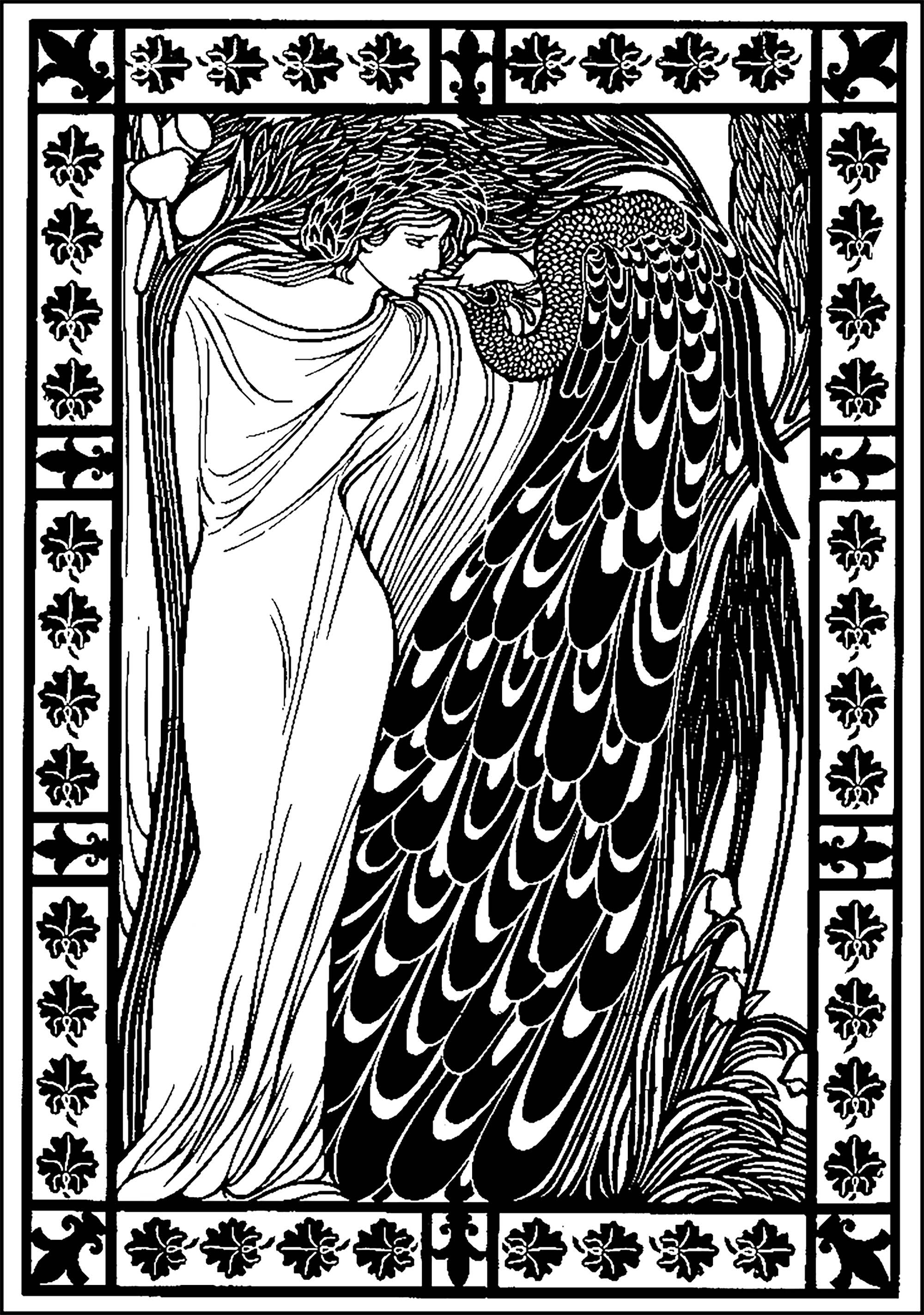 Femme et paon : Coloriage inspiré par l'artiste américain Will Bradley