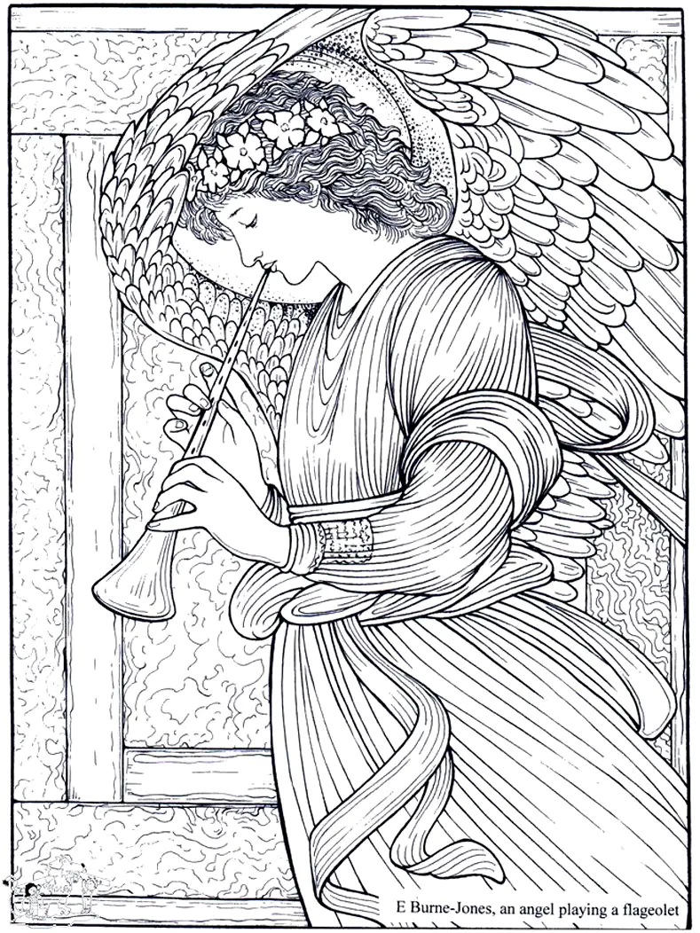 Burne jones an angel playing a flageolet (Coloriage de Chefs d’œuvres à imprimer pour adultes)