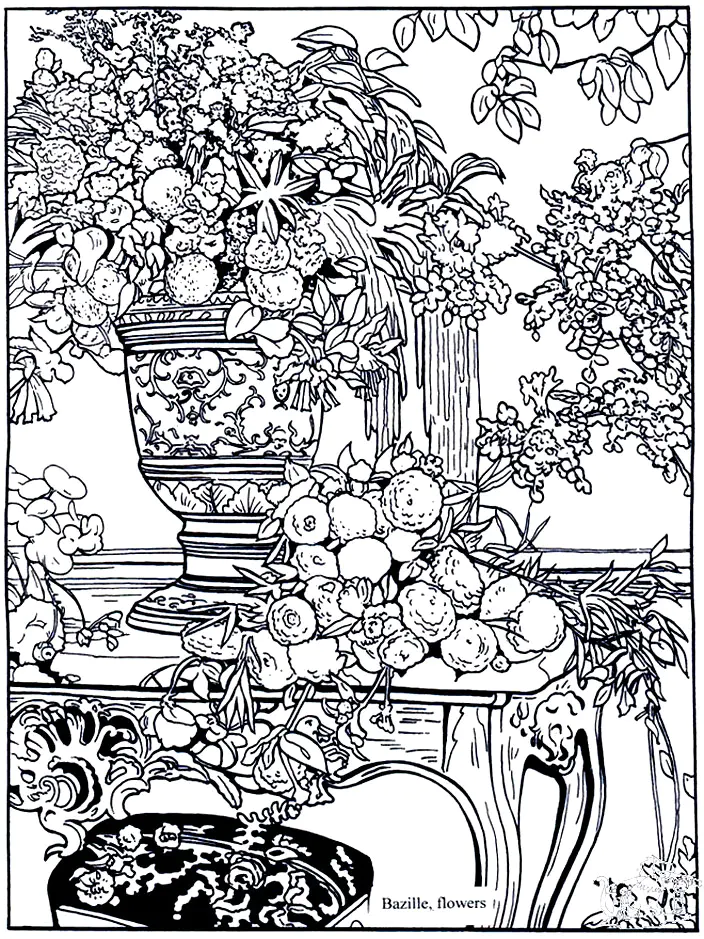 Bazille flowers (Coloriage de Chefs d’œuvres à imprimer pour adultes)