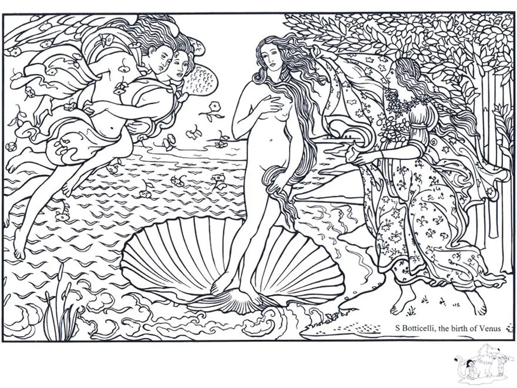 Boticelli la naissance de venus (Coloriage de Chefs d’œuvres à imprimer pour adultes)