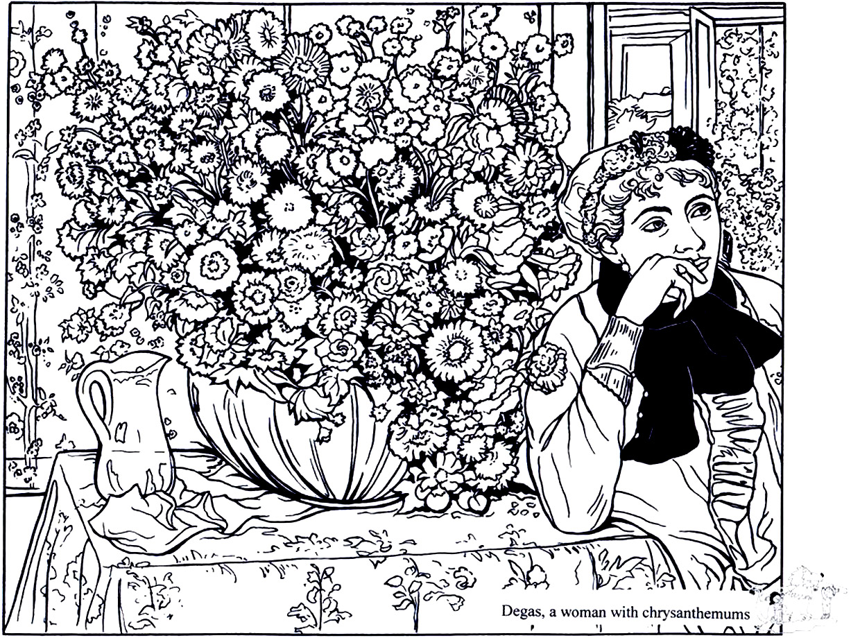 Degas femme avec chrysanthemes Connaissez vous le livre Coloring for Grown up de Ryan Hunter et Taige Jensen Coloriages difficiles pour adultes