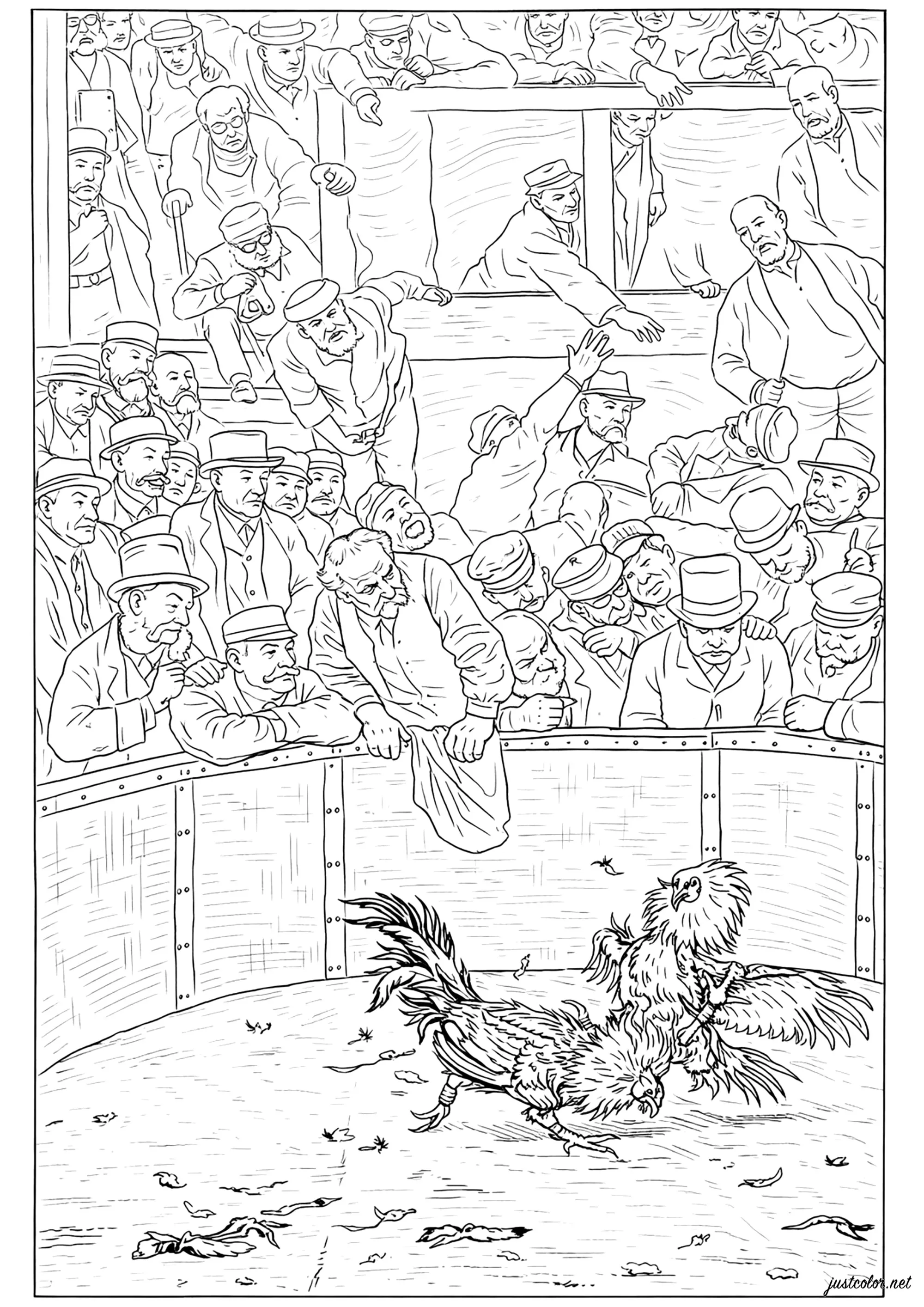 Coloriage inspiré de Combat de coqs en Flandre de Rémy Cogghe (Chefs d’œuvres)