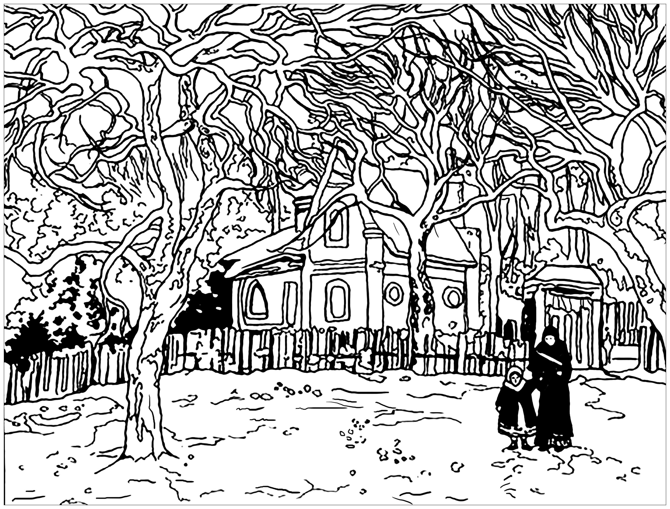 Coloriage inspiré d'un tableau de Camille Pissaro : Marronniers à Louveciennes, Artiste : Art'Isabelle