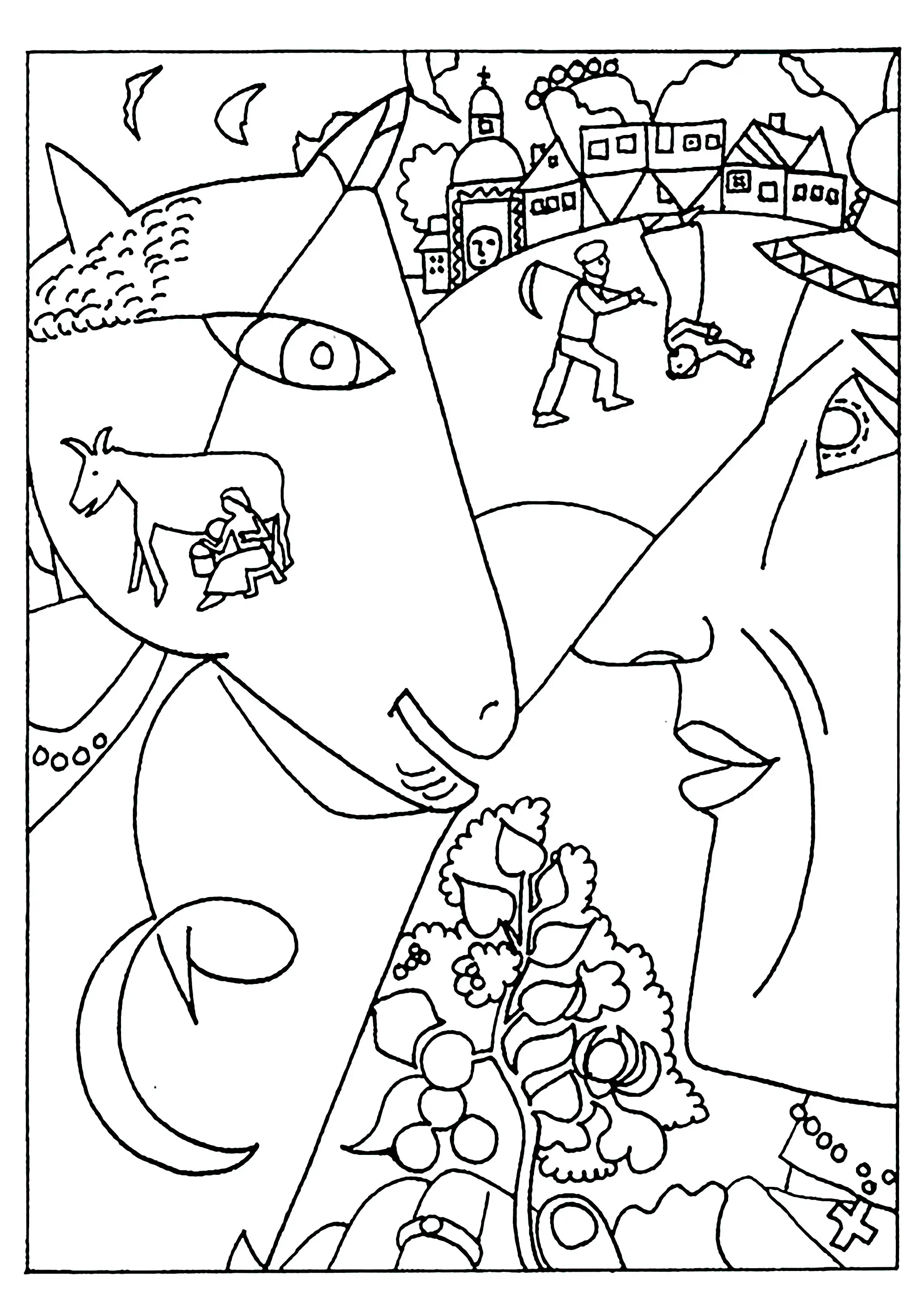 Marc Chagall - Moi et le village (1911) (Coloriage de Chefs d’œuvres à imprimer pour adultes)