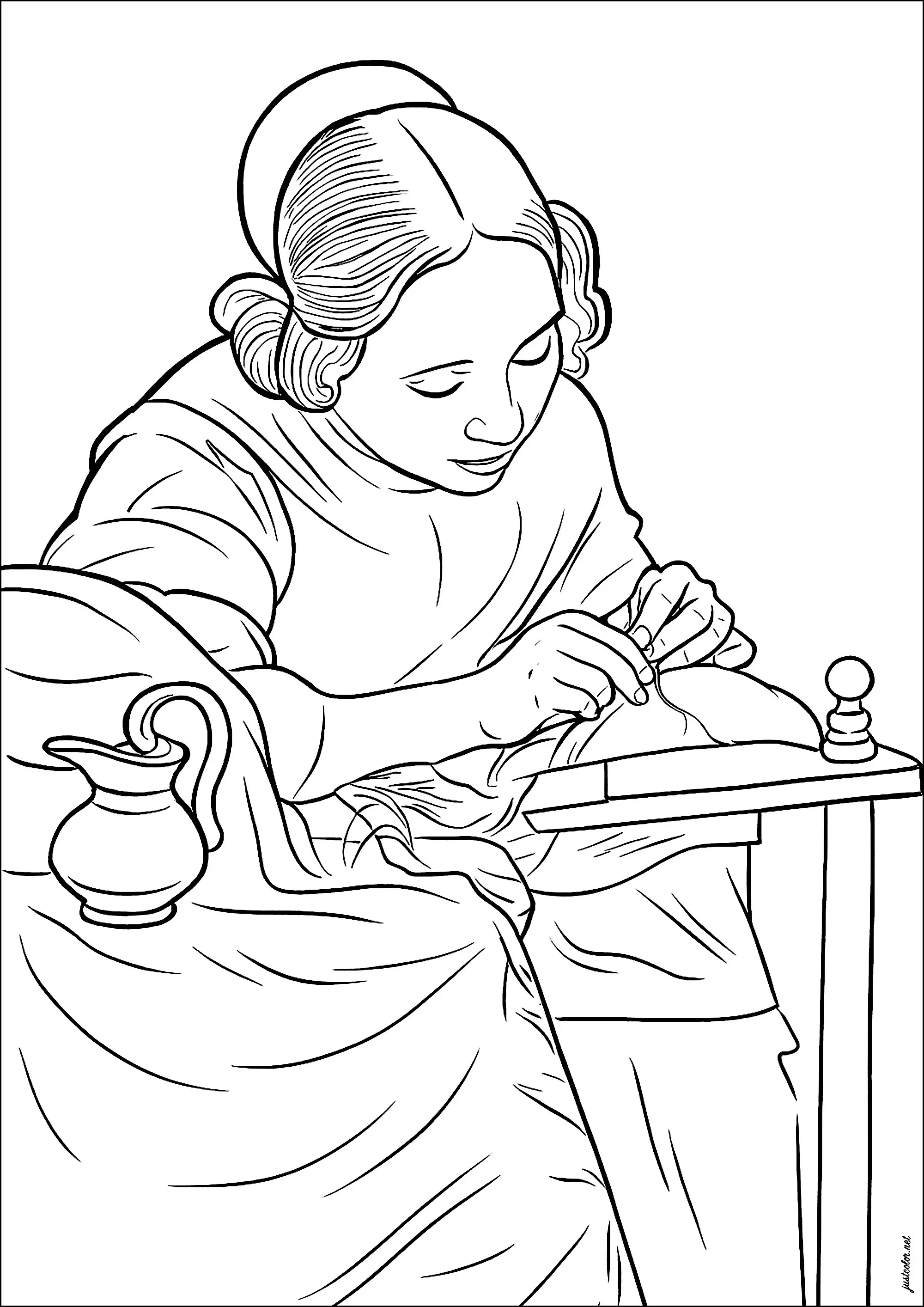 La Dentellière - Johannes Vermeer (1669-1670) (Coloriage de Chefs d’œuvres à imprimer pour adultes)