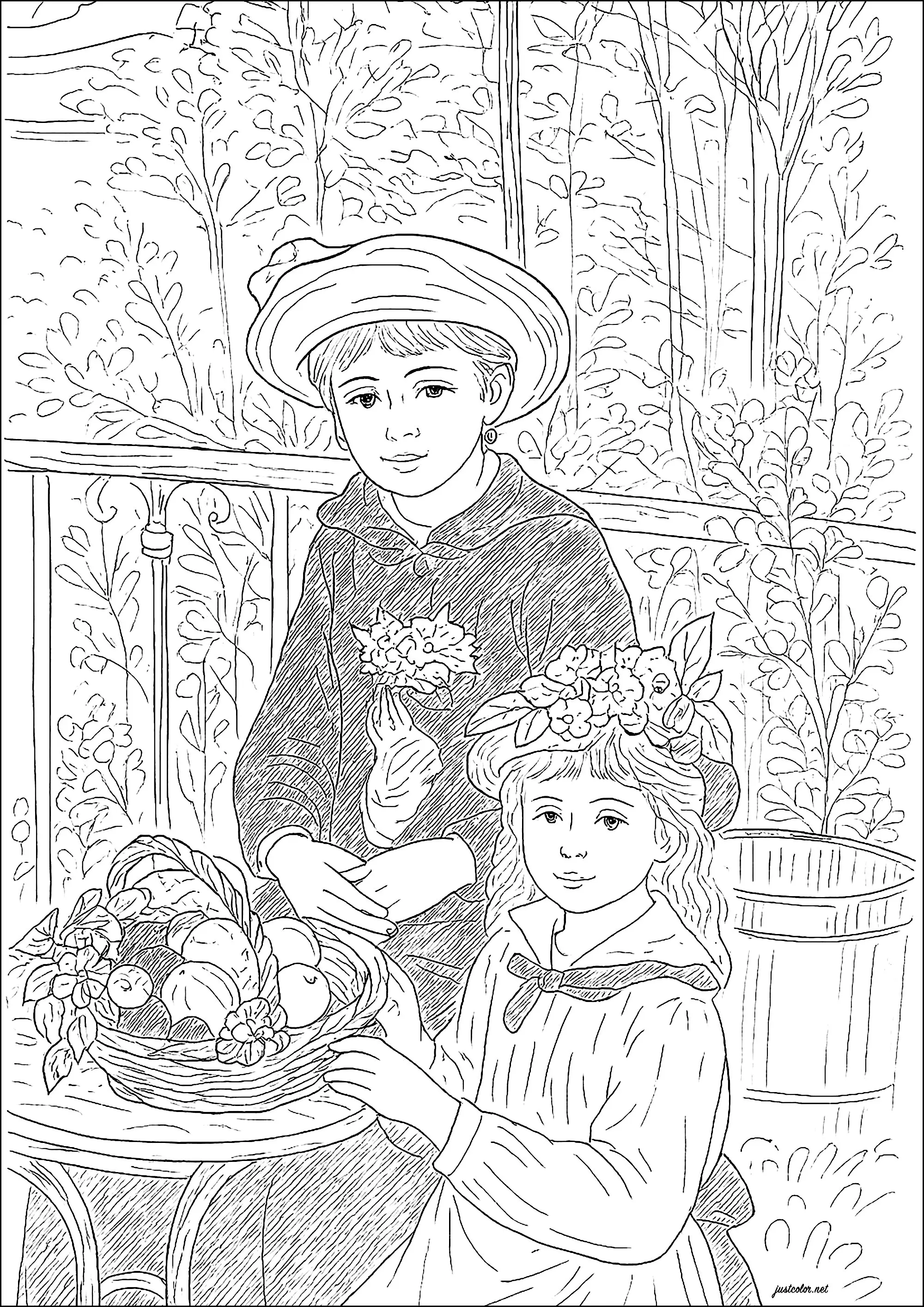 Deux sœurs (Sur la terrasse) - Pierre-Auguste Renoir (1881) (Coloriage de Chefs d’œuvres à imprimer pour adultes)