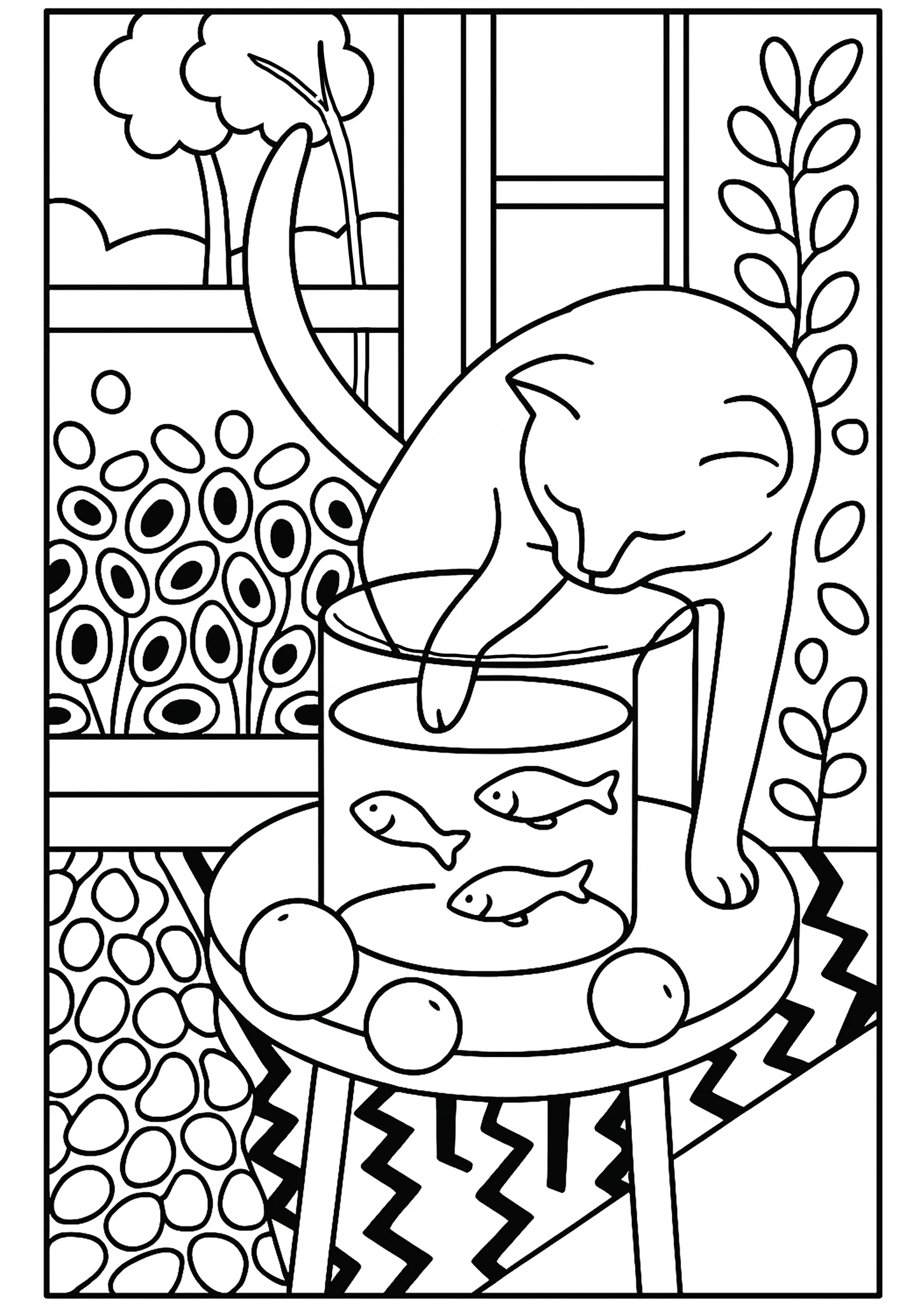 Henti Matisse - Le Chat aux poissons rouges (1914) (Coloriage de Chefs d’œuvres à imprimer pour adultes)