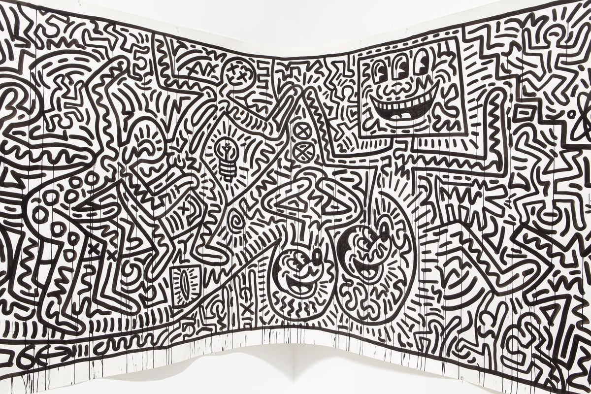 Une Fresque noir & blanc de Haring   colorier pour la rendre la plus folle