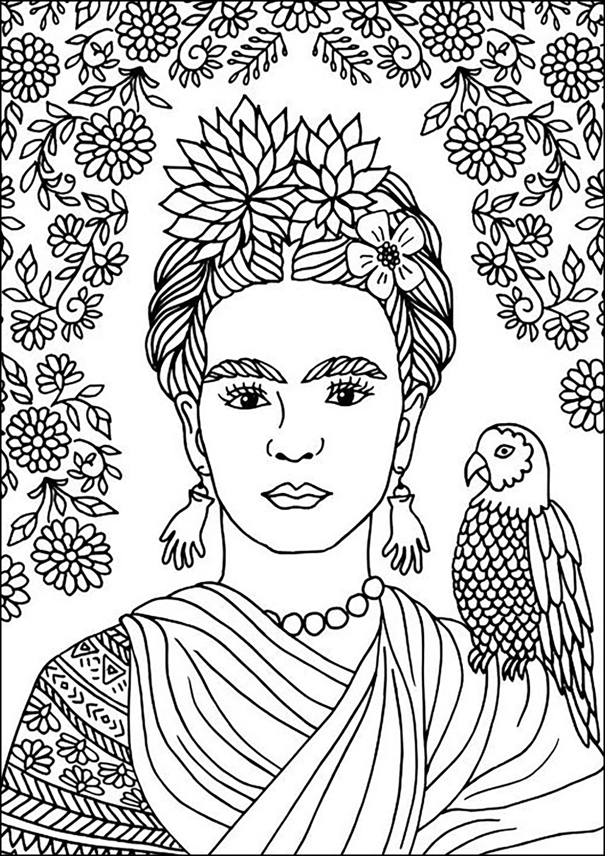 Frida Kahlo et un perroquet (Coloriage de Chefs d’œuvres à imprimer pour adultes)