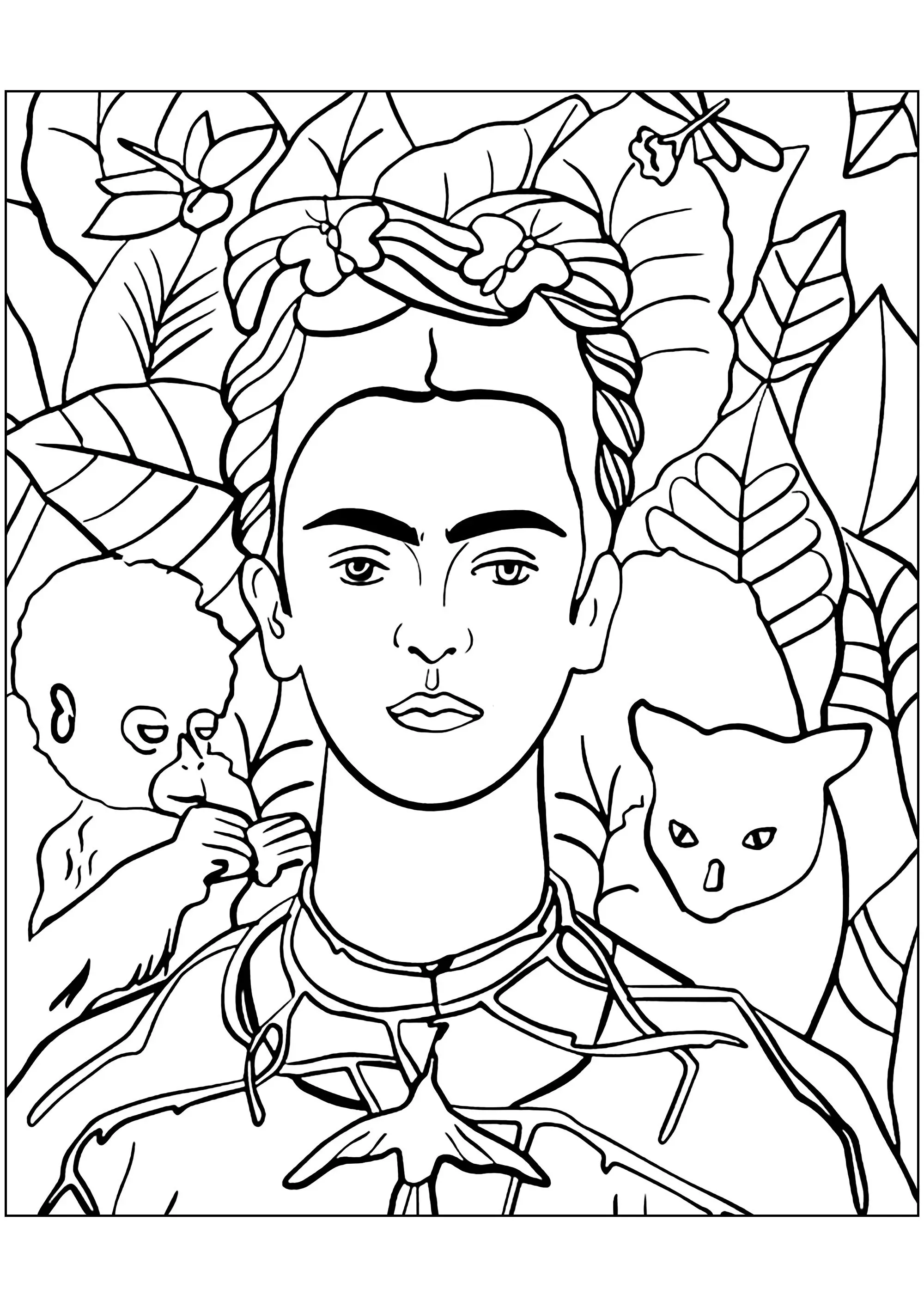 Frida Kahlo - Autoportrait au Collier d’Épines et Colibri (1940) - version traits épais (Coloriage de Chefs d’œuvres à imprimer pour adultes)