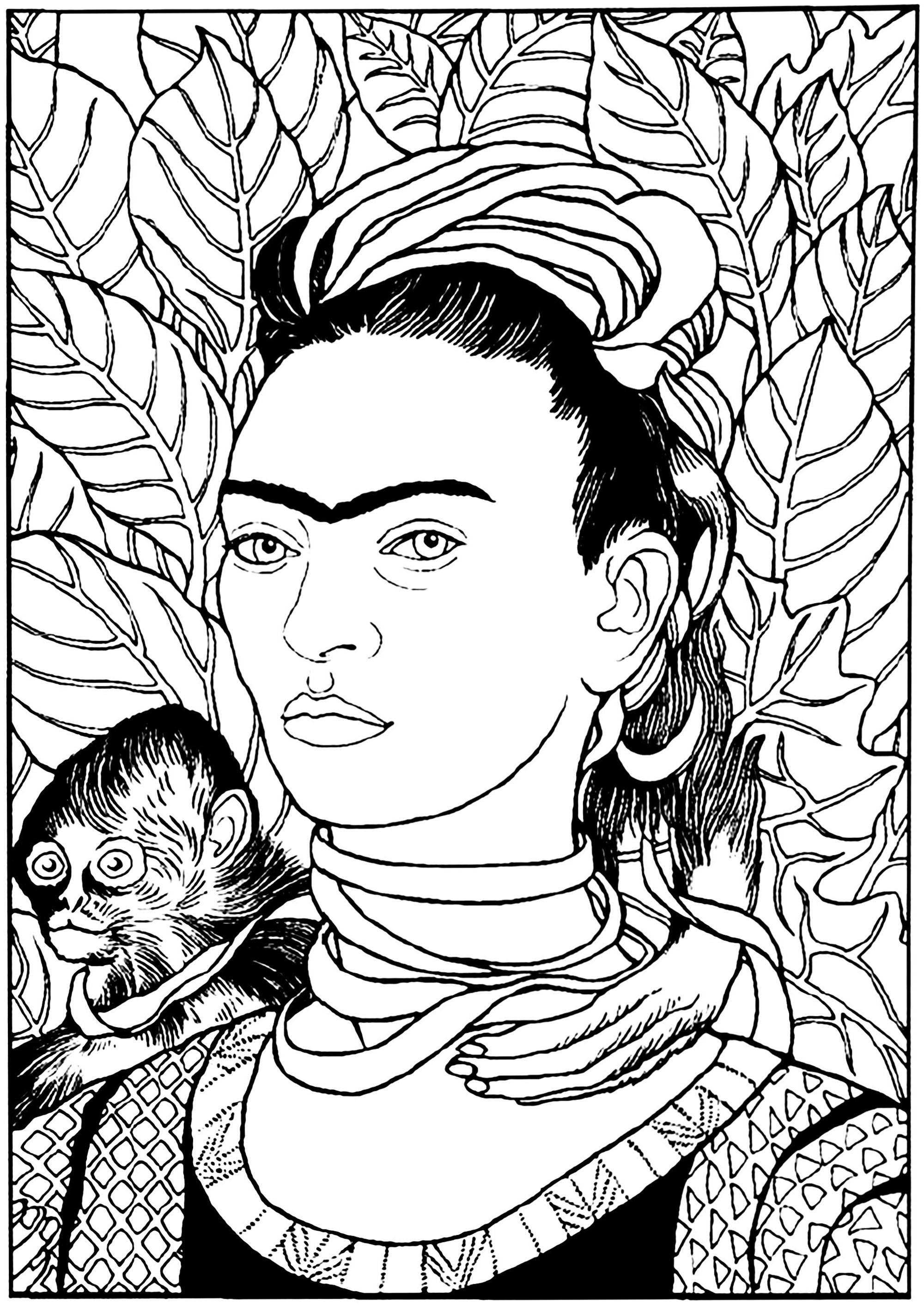 Frida Kahlo - Autoportrait avec le singe (1938) (Coloriage de Chefs d’œuvres à imprimer pour adultes)