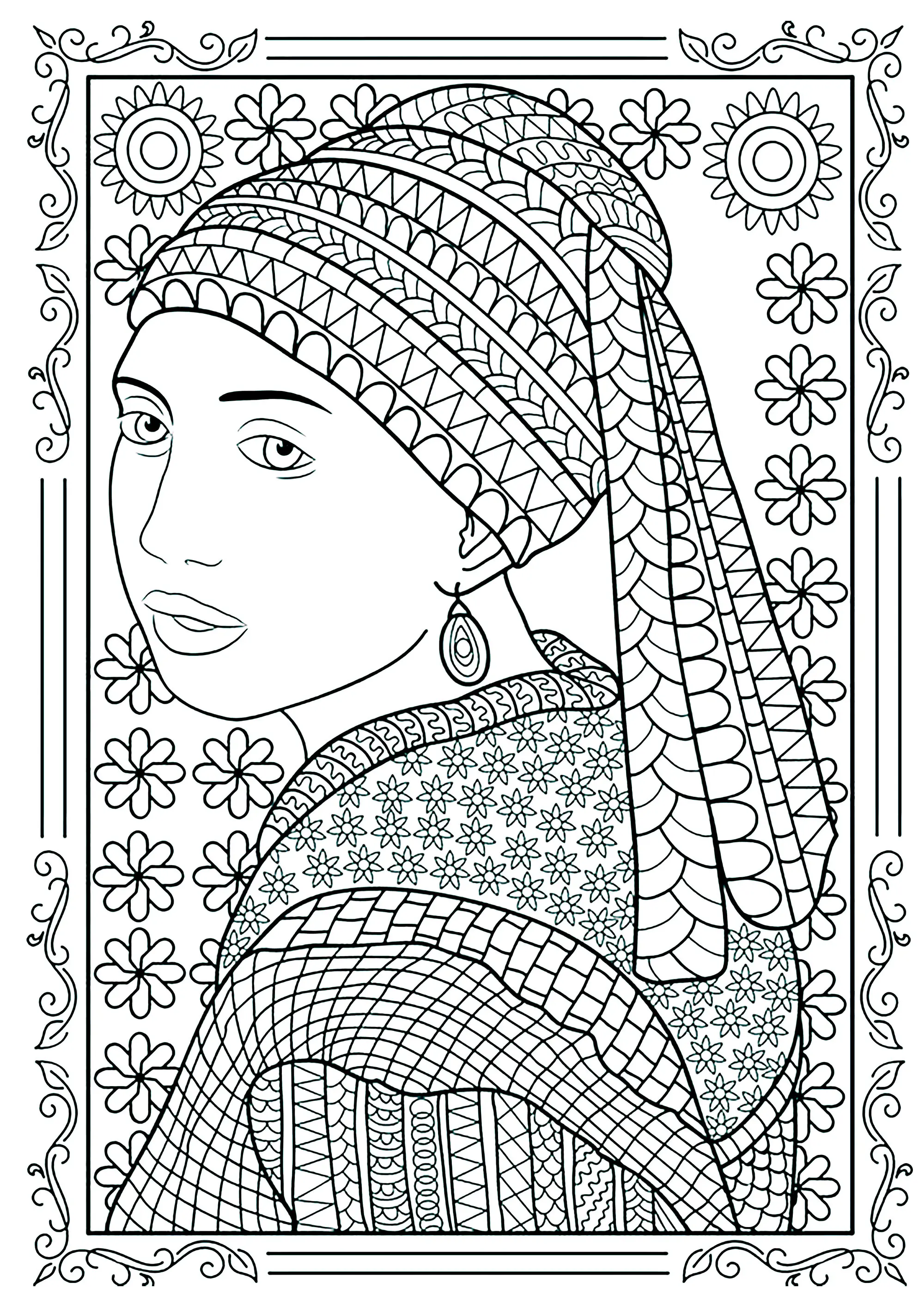 Coloriage créé à partir de La Jeune Fille à la perle (Chefs d’œuvres)