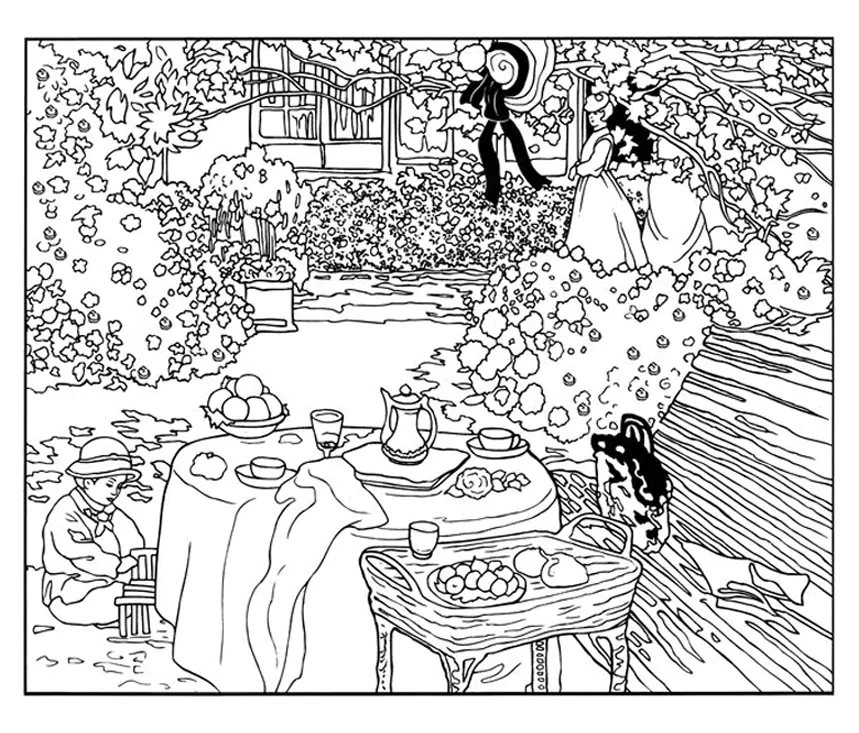 Claude Monet - Le déjeuner (1872) (Coloriage de Chefs d’œuvres à imprimer pour adultes)