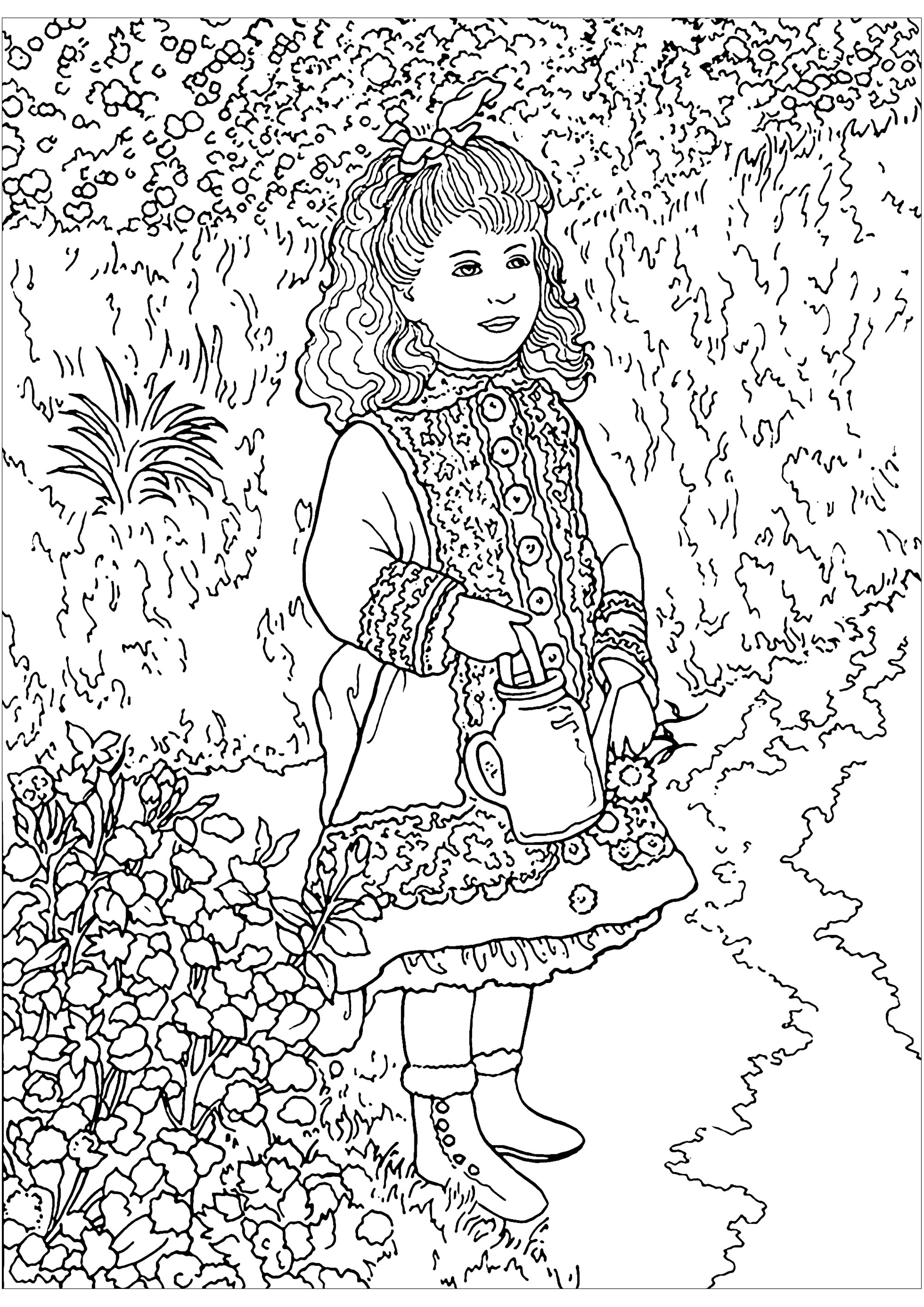 Coloriage inspiré d'un chef d'oeuvre de l'artiste Impressionniste Pierre-Auguste Renoir : Une jeune fille avec arrosoir. Dans ce tableau, on voit une jeune fille tenant un arrosoir dans ses mains. Elle se tient debout dans un jardin verdoyant et fleuri, entouré d'arbres et de fleurs.Dans l'oeuvre originale, les couleurs sont douces et lumineuses, comme si elles étaient illuminées par le soleil. À vous de voir si vous tenterez de reproduire ces couleurs, ou si vous laisserez libre cours à votre imagination !, Artiste : Art'Isabelle