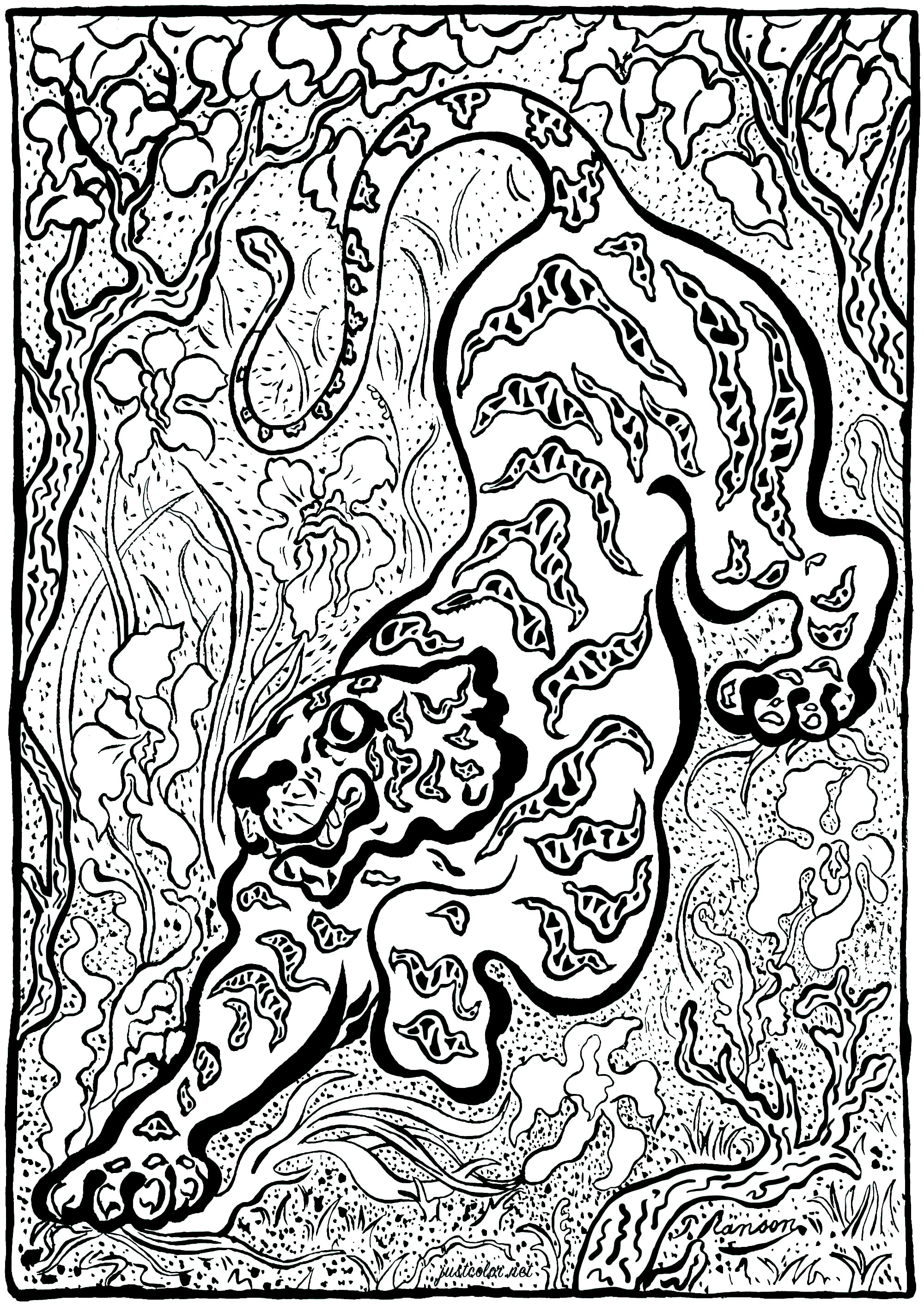Coloriage créé à partir de 'Tigre dans les jungles' par Paul-Élie Ranson (1883) - Version 2 (complexe). Paul-Élie Ranson, qui appartient au groupe des Nabis, a développé un style original aux résonances symbolistes et ésotériques.Inscrit dans l'histoire du postimpressionnisme mais en rupture avec l'impressionnisme, le mouvement nabi prône un retour à l'imaginaire et à la subjectivité.