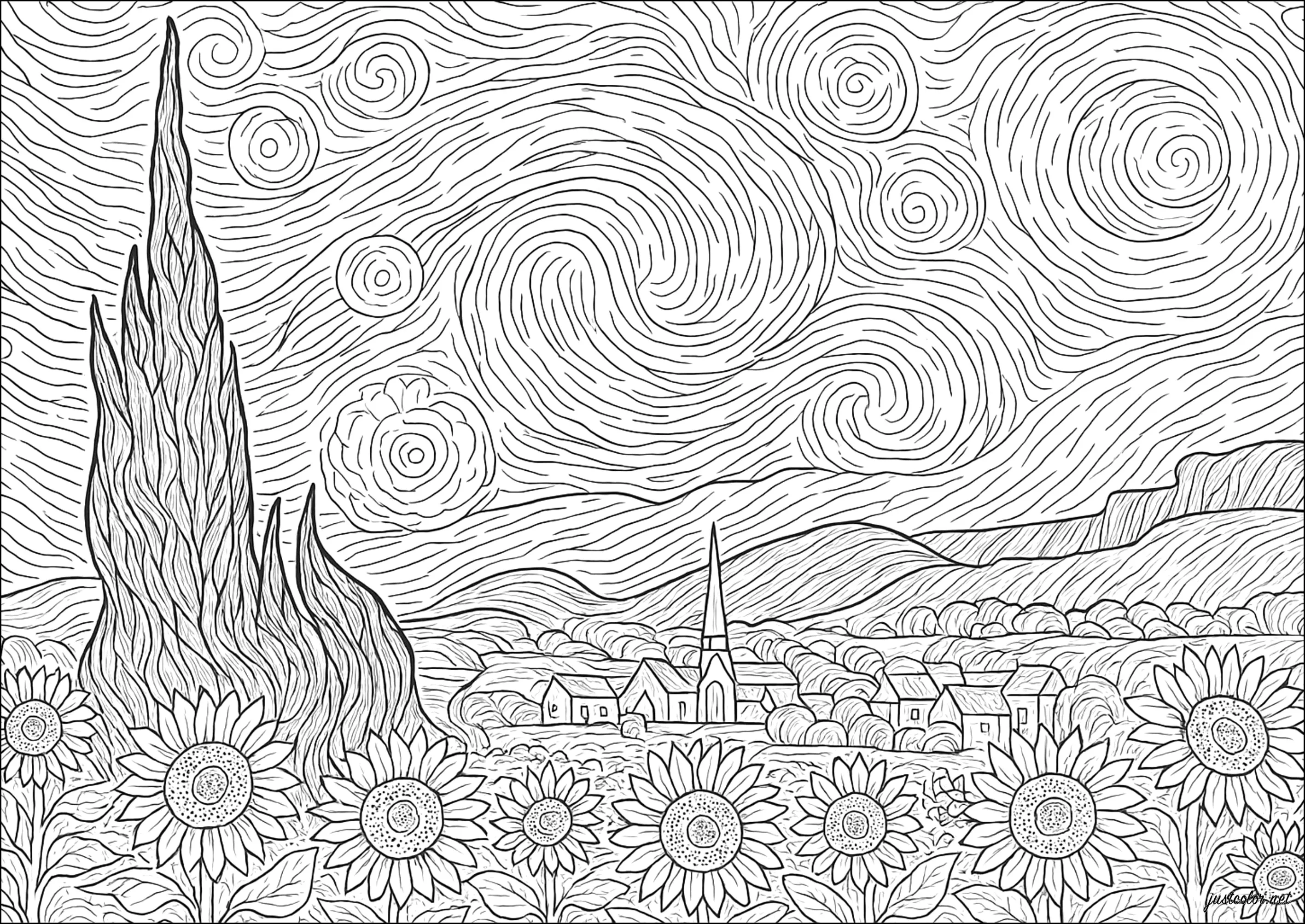 Nuit étoilée et Tournesols de Van Gogh (Coloriage de Chefs d’œuvres à imprimer pour adultes)