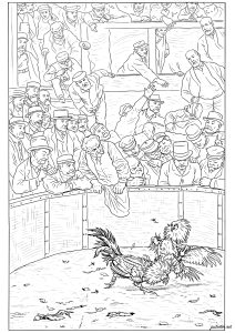 Coloriage inspiré de Combat de coqs en Flandre de Rémy Cogghe