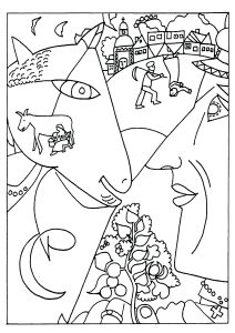 Coloriage de Chefs d’œuvres à imprimer pour adultes : Marc Chagall - Moi et le village (1911)