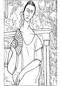 Coloriage de Chefs d’œuvres à imprimer pour adultes : Amedeo Modigliani - Femme à l'évantail (Lunia Czechowska) (1919)