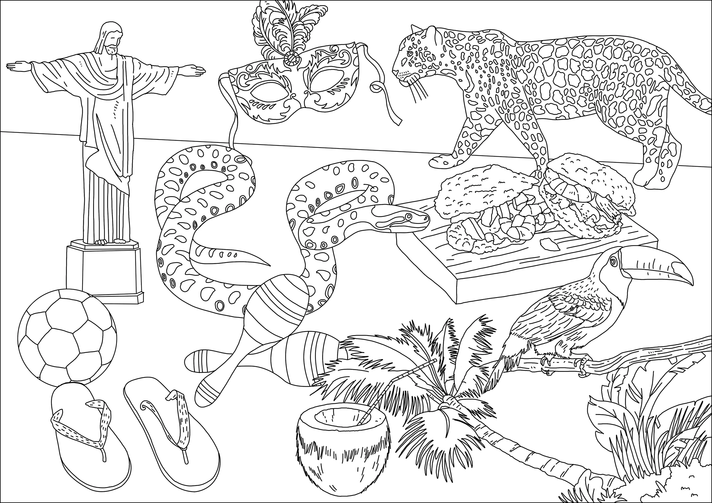 Différents animaux et symboles du Brésil (Coloriage d'Autres animaux à imprimer pour adultes)