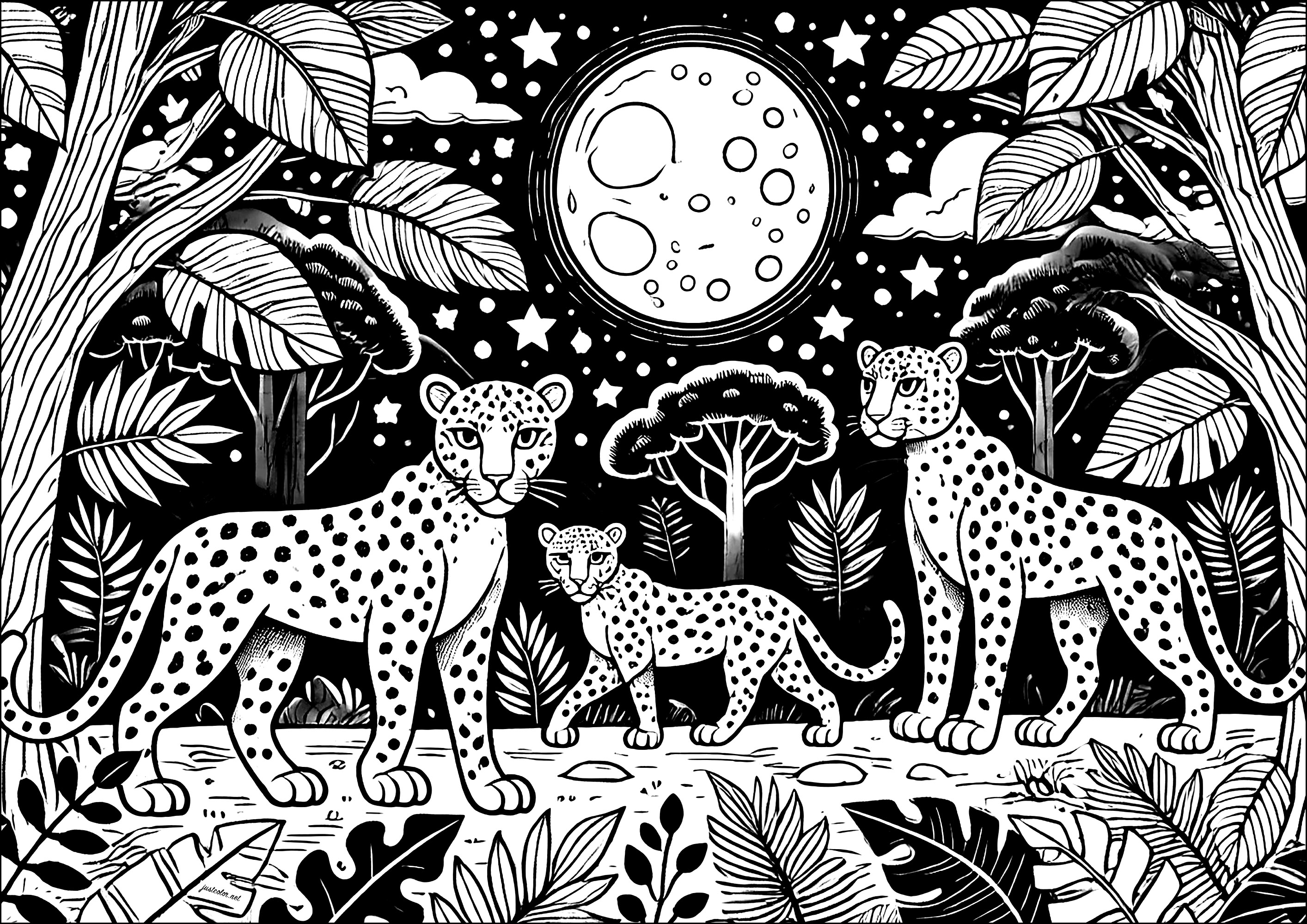 Panthères sous la lune dans la jungle étoilée (Coloriage d'Autres animaux à imprimer pour adultes)