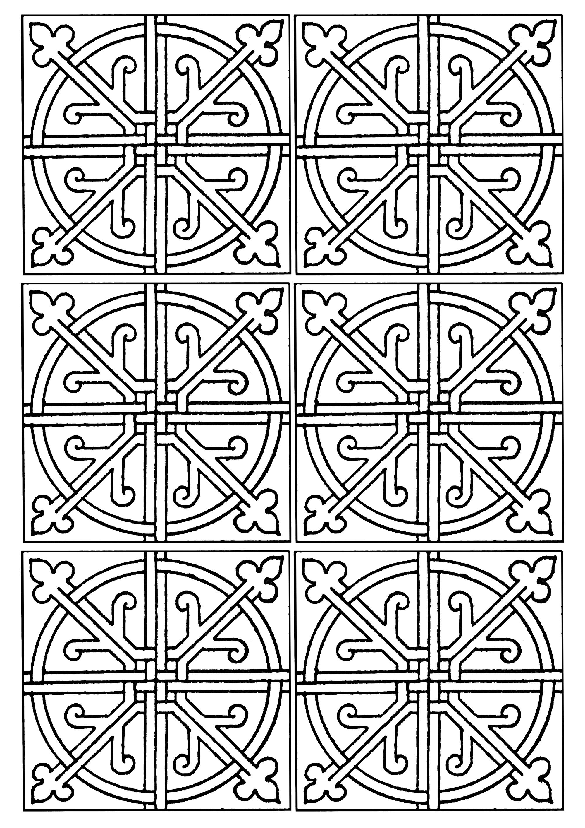 Une série de 6 azulejos. 6 azulejos aux formes assez simples . À vous de les colorier, soit de manière identique, ou avec des couleurs différentes.