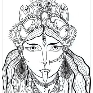 Coloriage de la déesse Kali qui provient de la religion Hindou. Elle est la déesse de la préservation, de la transformation et de la destruction. Kali est aussi appelée la Déesse noire (Coloriage de Chloé)