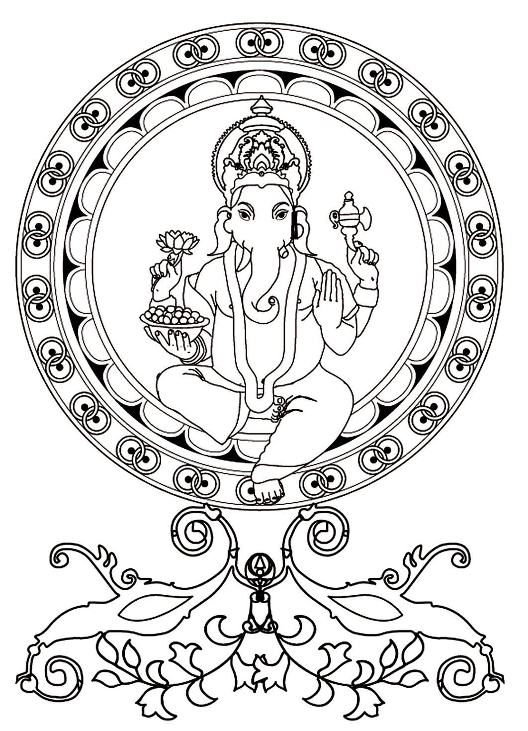 La divinité hindoue Ganesh à colorier. Dieu de la sagesse, de l'intelligence et de la connaissance. Représenté avec quatre bras et une tête d'éléphant