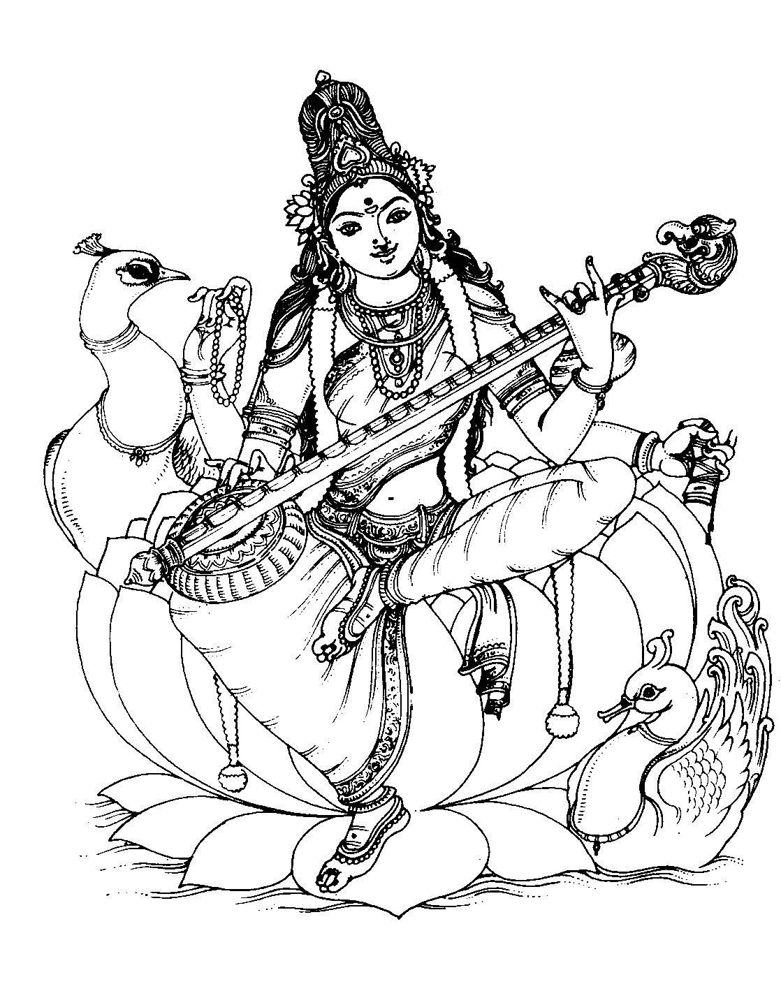 Coloriage gratuit de Saraswati : Il s'agit de l'épouse de Brahma, créateur de l'Univers d'après la mythologie hindoue