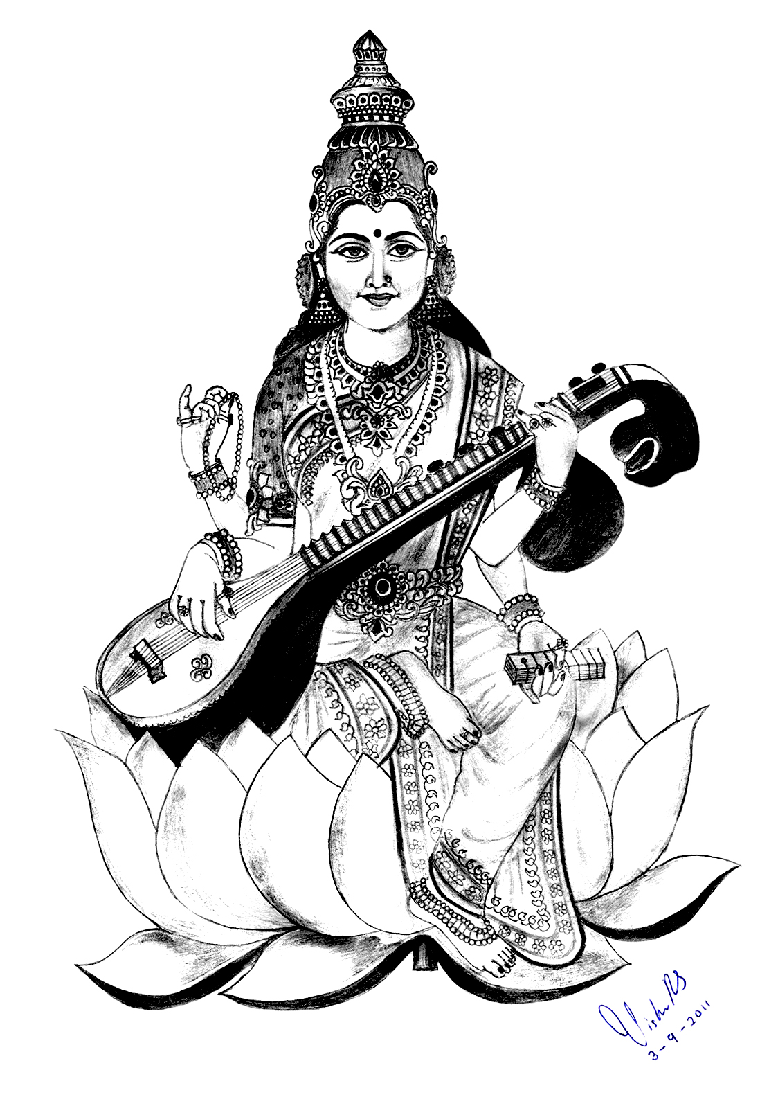 Saraswati à imprimer et colorier, avec énormément de petits détails au niveau des vêtements et de la couronne