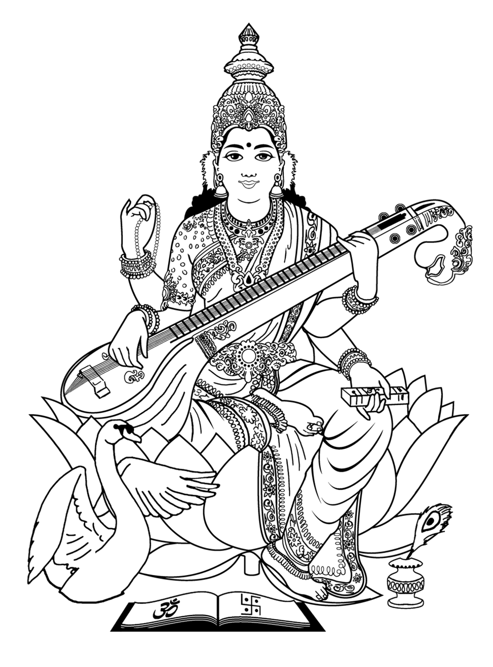 Image de la déesse de la Connaissance et des Arts : Saraswati . Noir et blanc sans nuance de gris