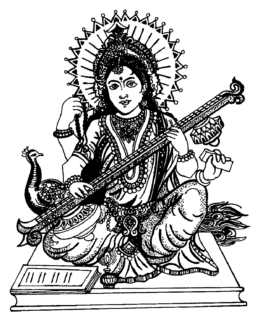 Coloriage Saraswati, avec un bau Paon, jouant de la musique avec son Vina (luth Indien)