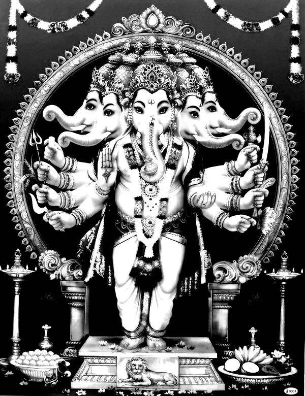 Représentation noir & blanc de Ganesha, avec multiples têtes et bras, et nombreux ornements de type hindou
