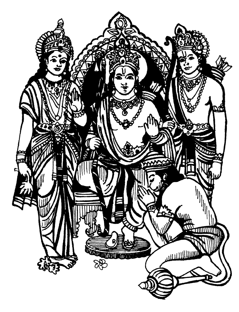 Coloriage inspiré de la mythologie Hindoue, avec Rama et Sita, avatars (formes humaines) de Lakshmi (déesse de la fortune) et Vishnu (dieu protecteur de l'univers)