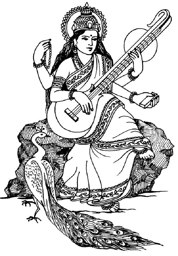 Saraswati : Divinité hindoue de la sagesse (Coloriage d'Inde & Bollywood à imprimer pour adultes)