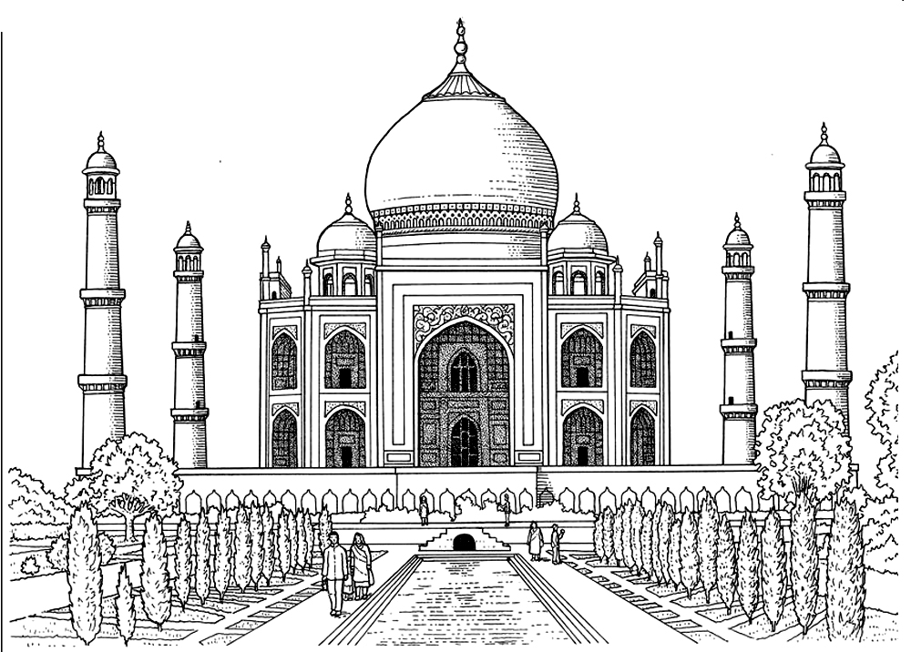 Coloriage avec nombreux détails du Taj Mahal, le 'palais de la Couronne', achevé en 1648