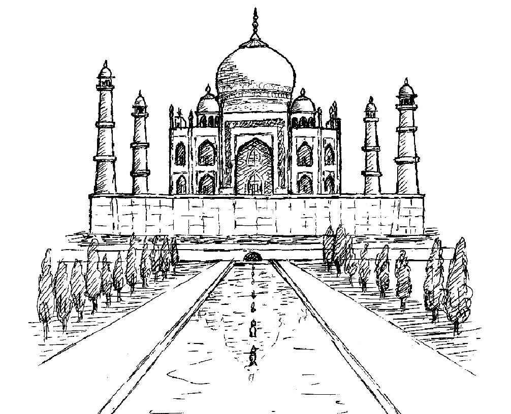 Dessin du Taj Mahal, une des 7 merveilles du monde, situé à Âgrâ, au bord de la rivière Yamunâ en Inde (Etat de Uttar Pradesh)