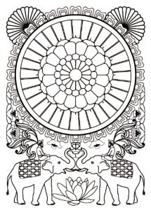 Mandala de type indien / hindou, soutenu par des éléphants : niveau difficile, nombreux détails (Coloriage d'Inde & Bollywood)