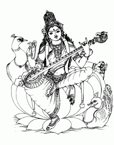 Coloriage gratuit de Saraswati : Il s'agit de l'épouse de Brahma, créateur de l'Univers d'après la mythologie hindoue (Coloriage d'Inde & Bollywood)