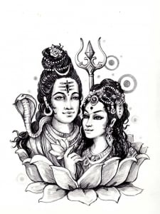 Coloriage de Sati, éprise de Shiva dans la mythologie Hindoue. Bustes dans fleur de lotus, style magnifique pour un coloriage plein de couleurs ! (Coloriage d'Inde & Bollywood)