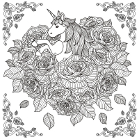 Joli mélange entre le féérique (la licorne) et le floral (les roses, les feuilles . .. ) (Coloriage d'Images tagged "Source-123rf")