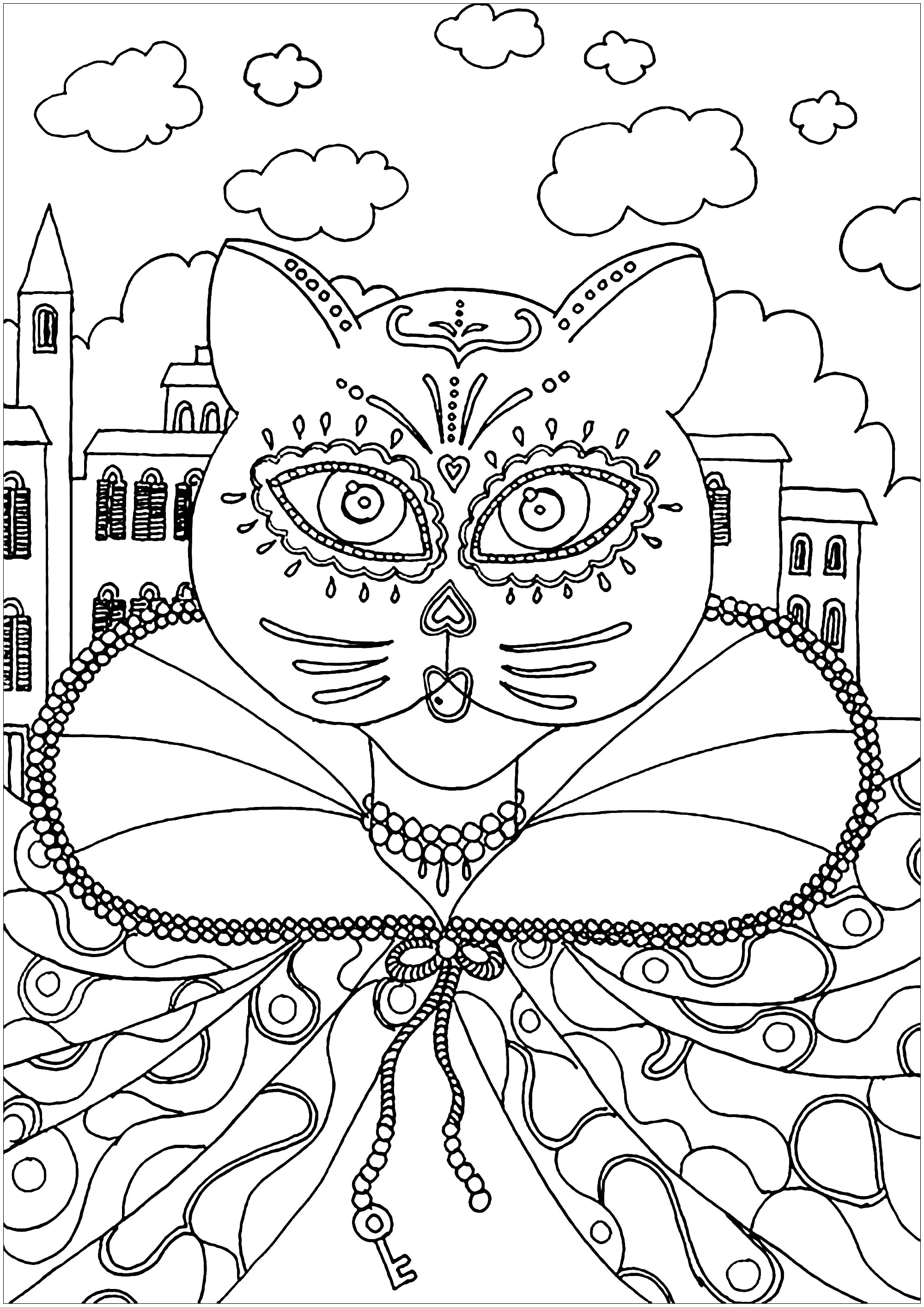Chat déguisé (Coloriage de Carnaval à imprimer pour adultes)