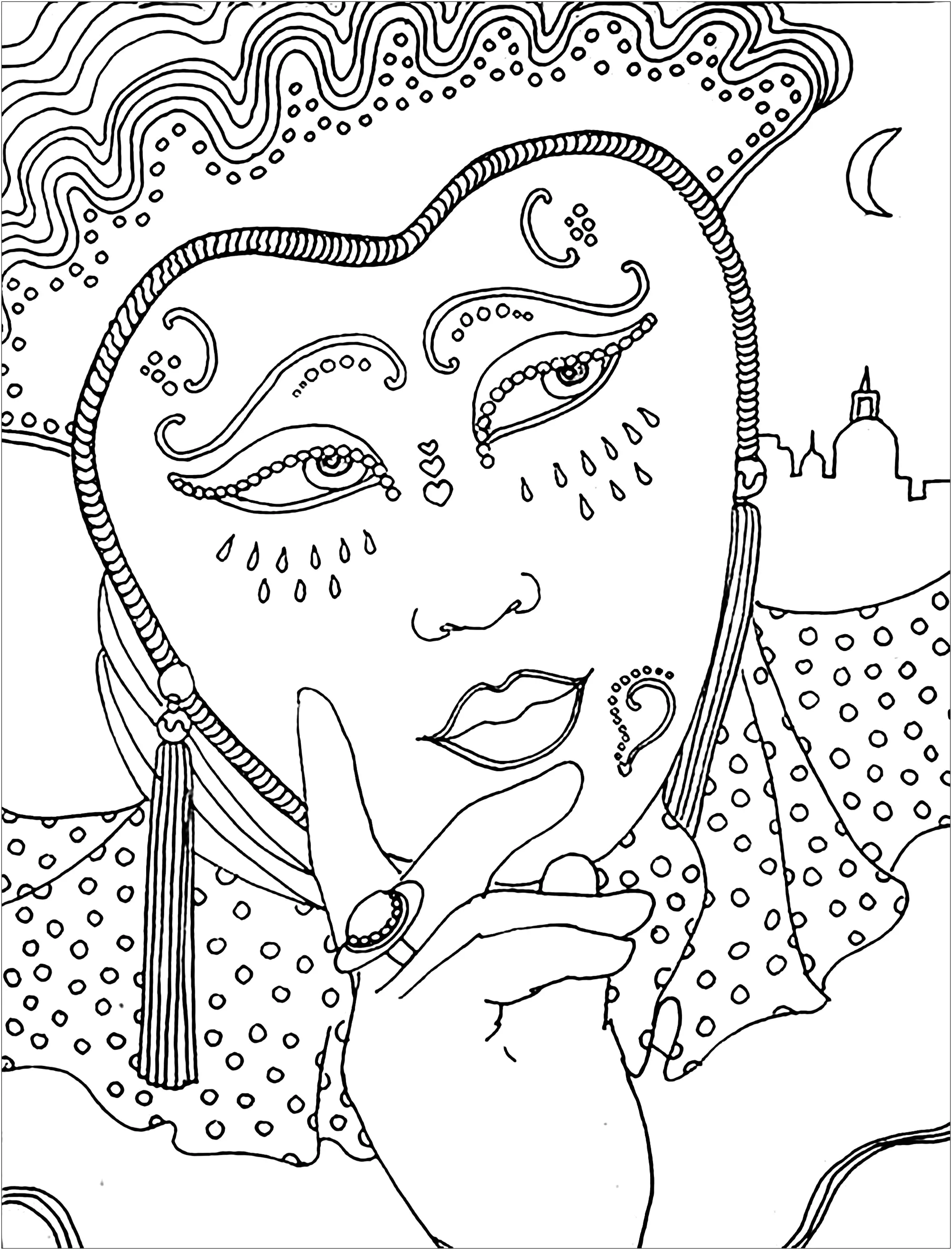 Femme songeuse déguisée et masquée (Coloriage de Carnaval à imprimer pour adultes)